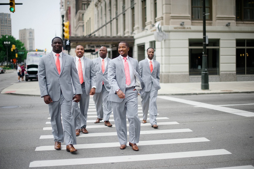 grey-suit-coral-ties-groomsmen-style