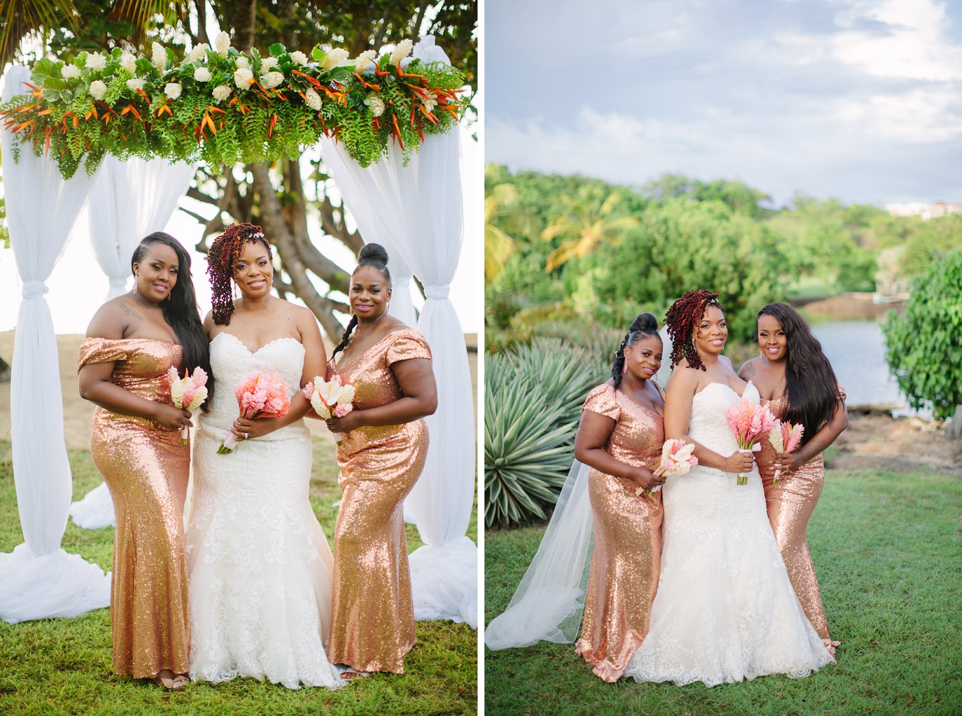 grenada destination wedding bridesmaids in gold sequins dresses