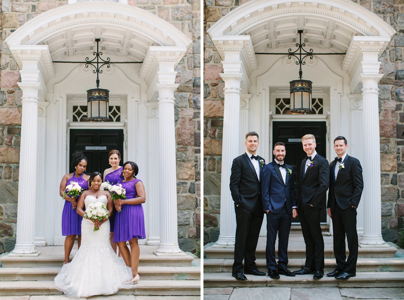 bridal party with purple dresses and black tuxedos 