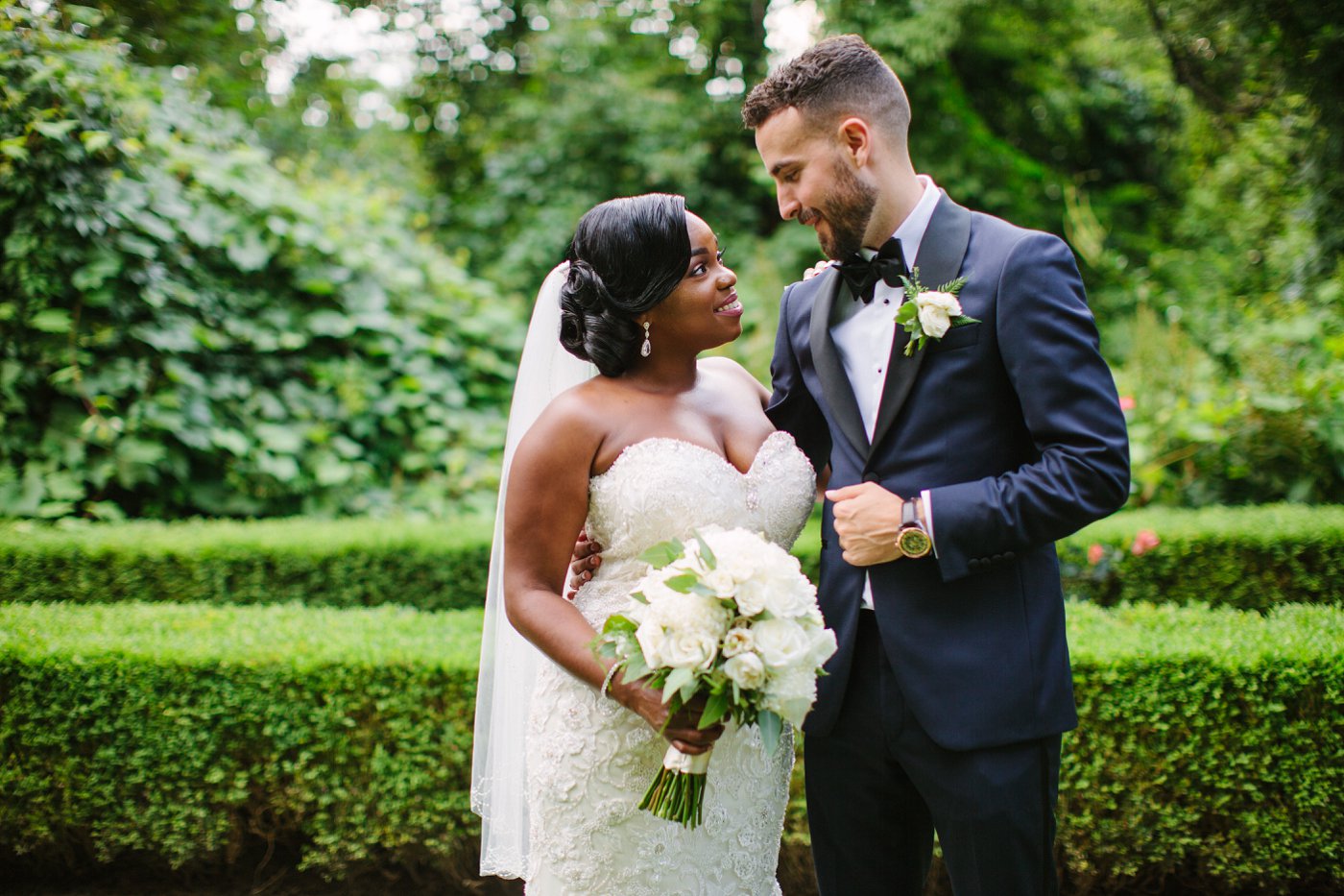 black bride and white groom at interracial wedding reception