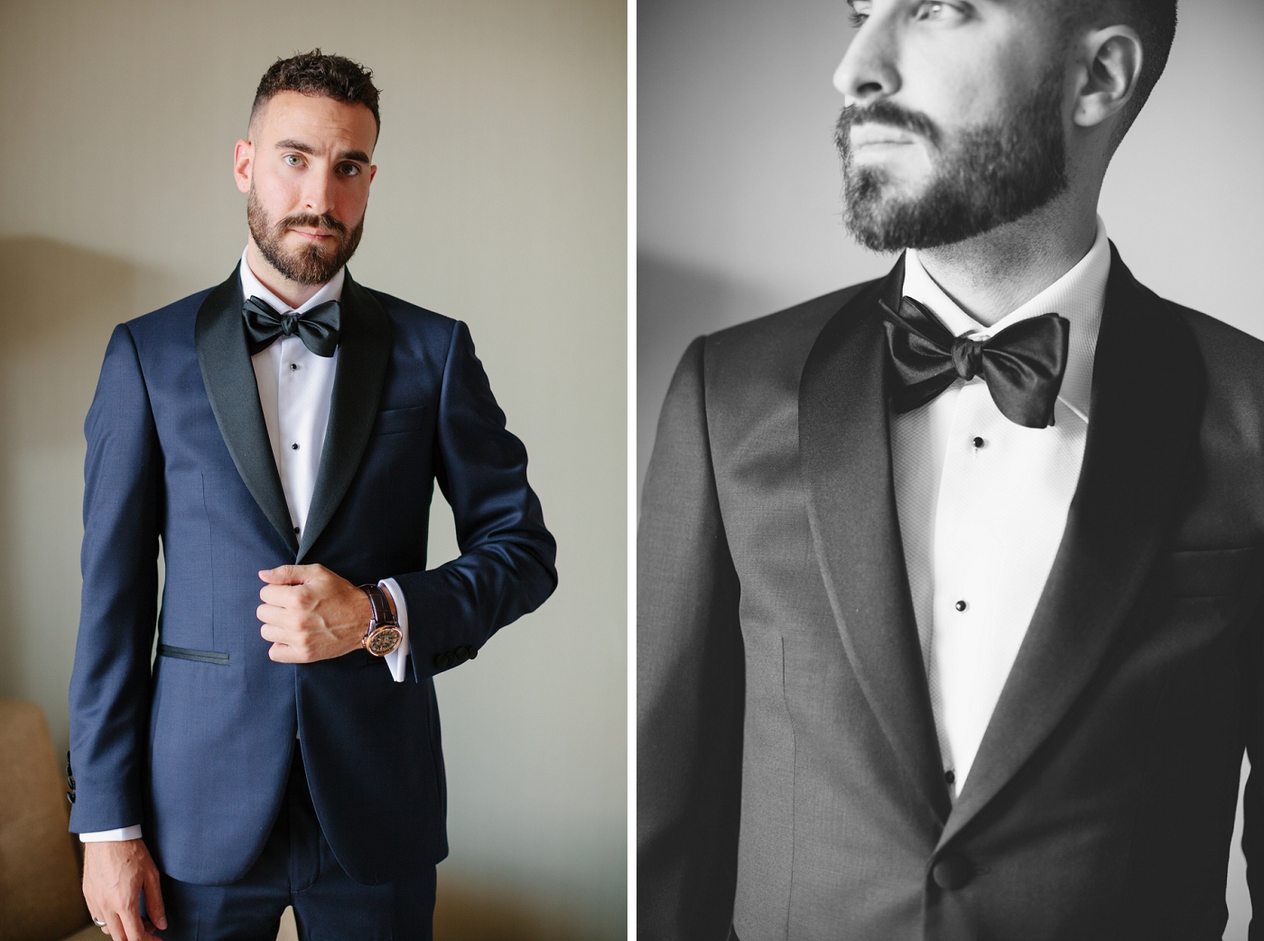 groom's navy blue and black tuxedo with bow tie