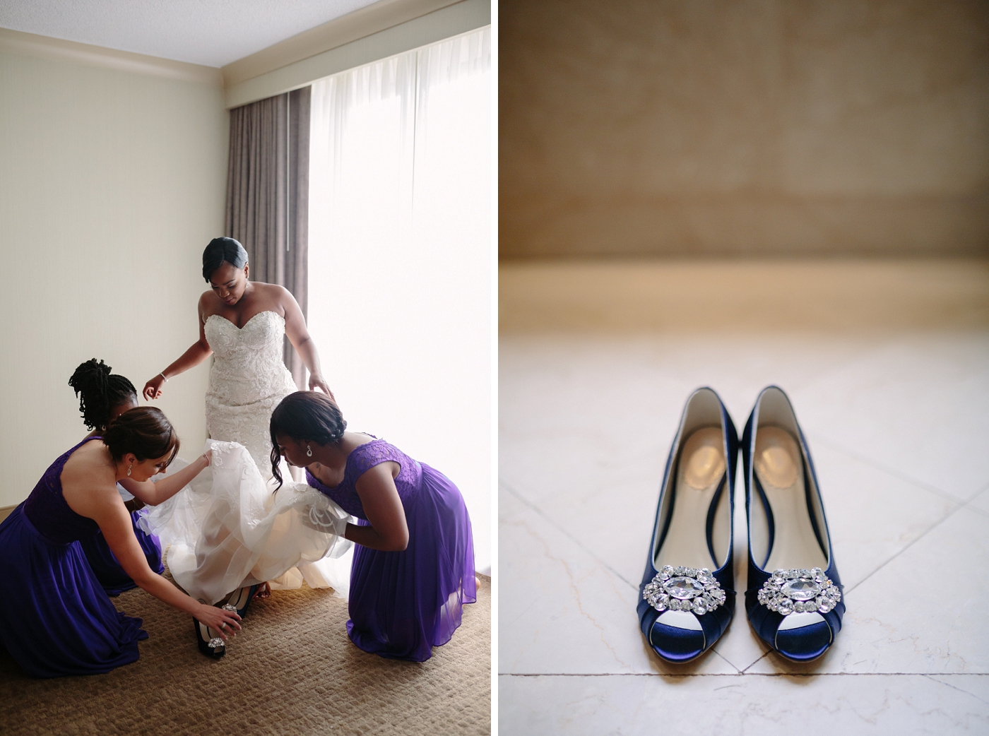 bridesmaids helping bride put on her shoes