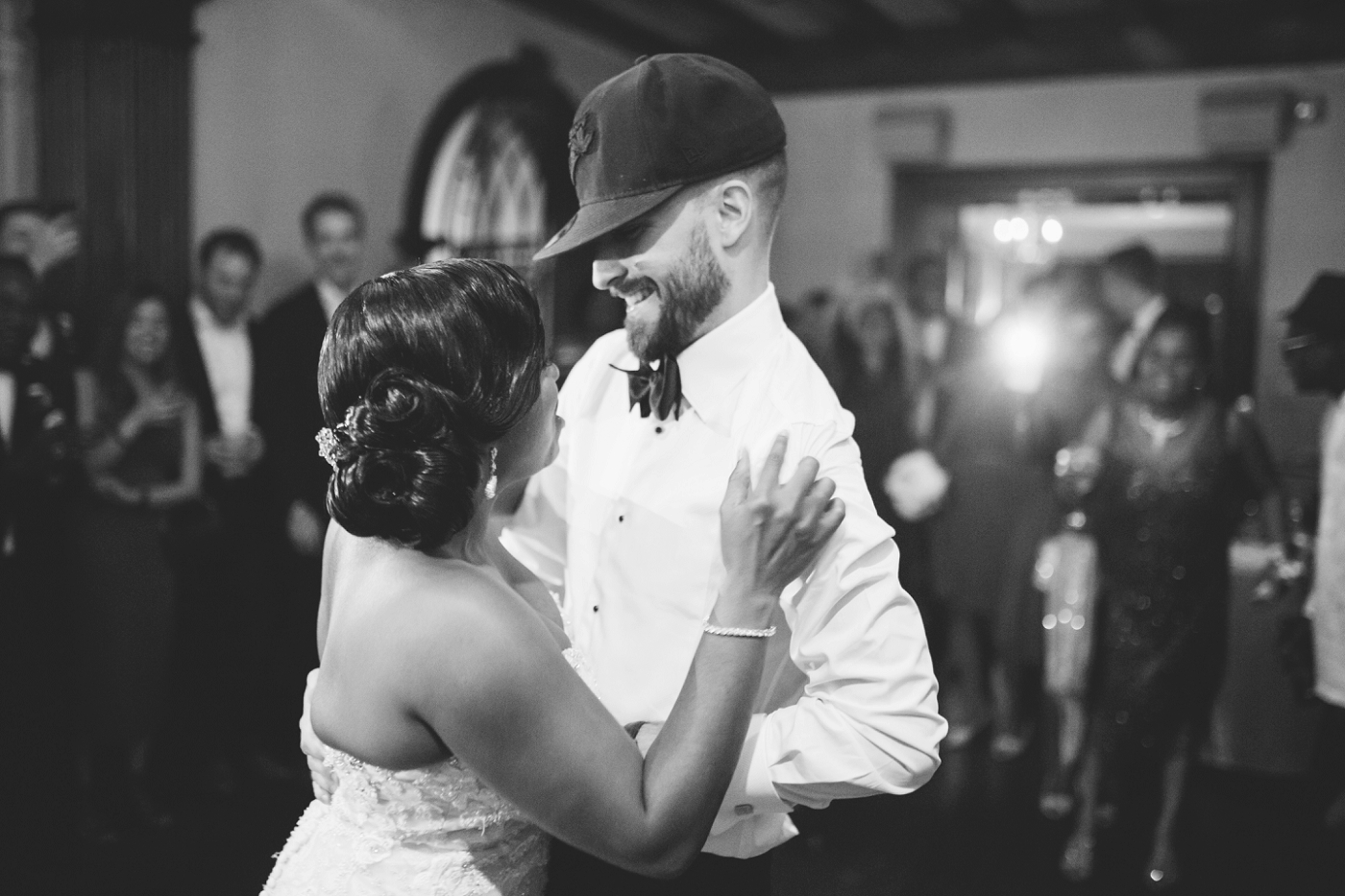 black bride and white groom first dance at interracial wedding reception
