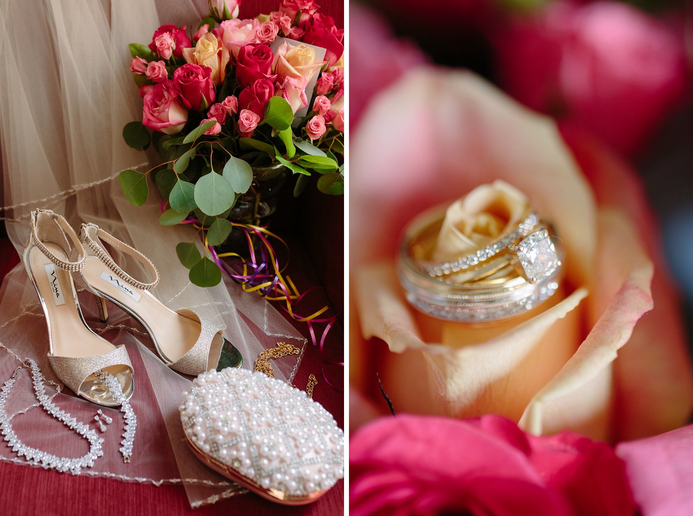 bridal veil, wedding bands, and wedding shoes