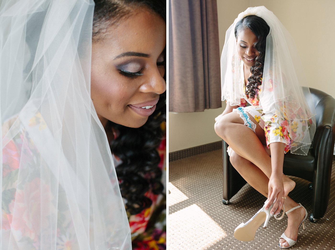 natural hair black bride putting on shoes