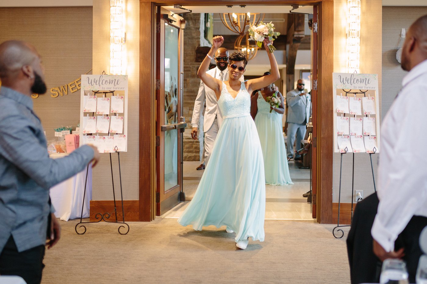 fun bridesmaid entrance at wedding reception