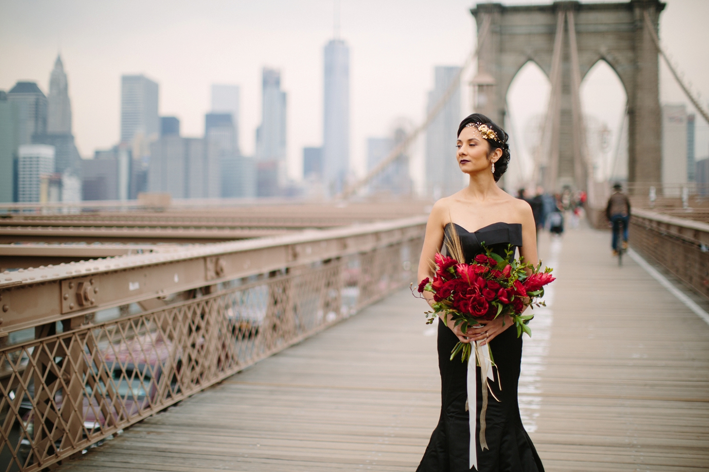 Black wedding dress Brooklyn bridge by Samantha Clarke Photography
