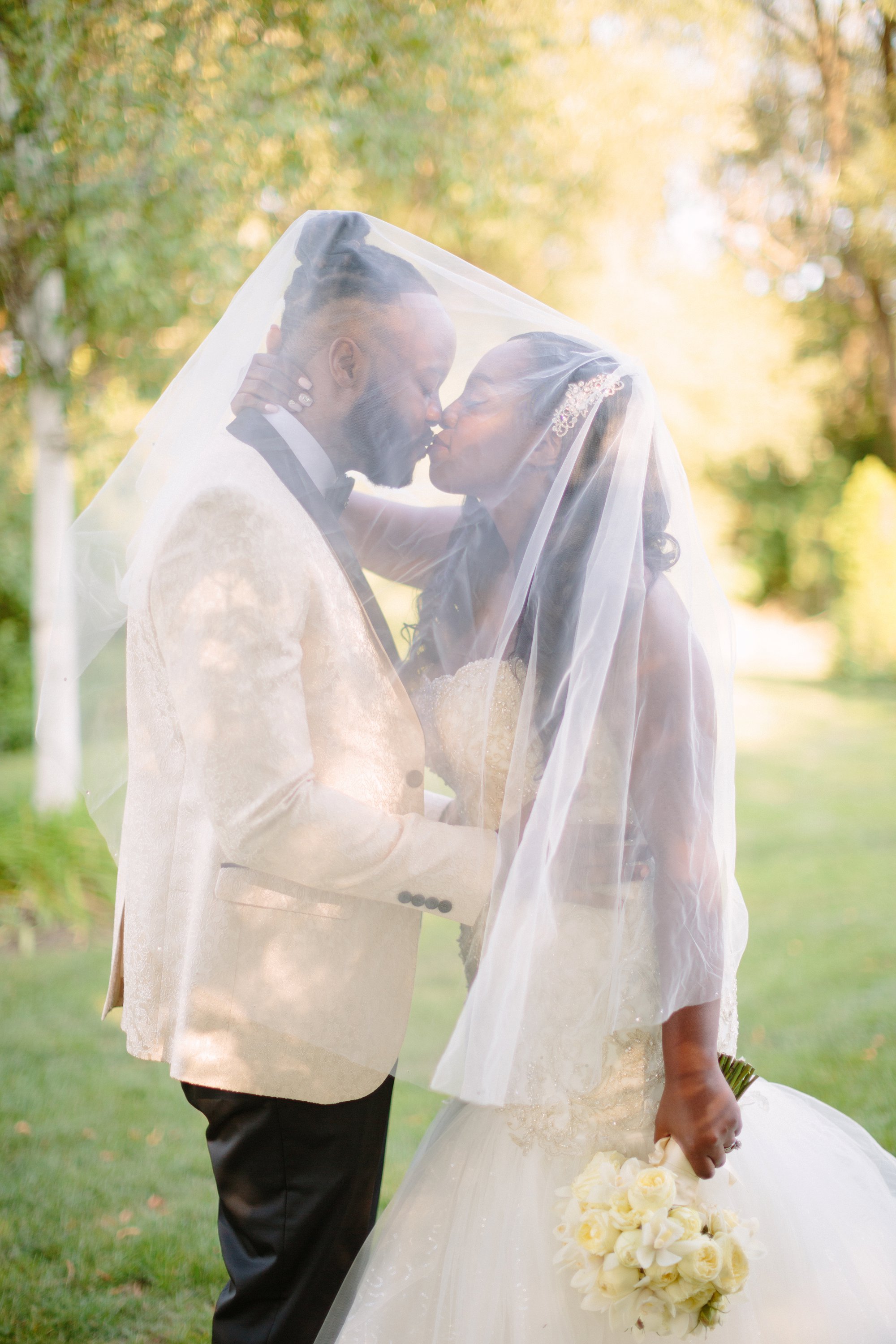 bride and groom portrait under the veil
