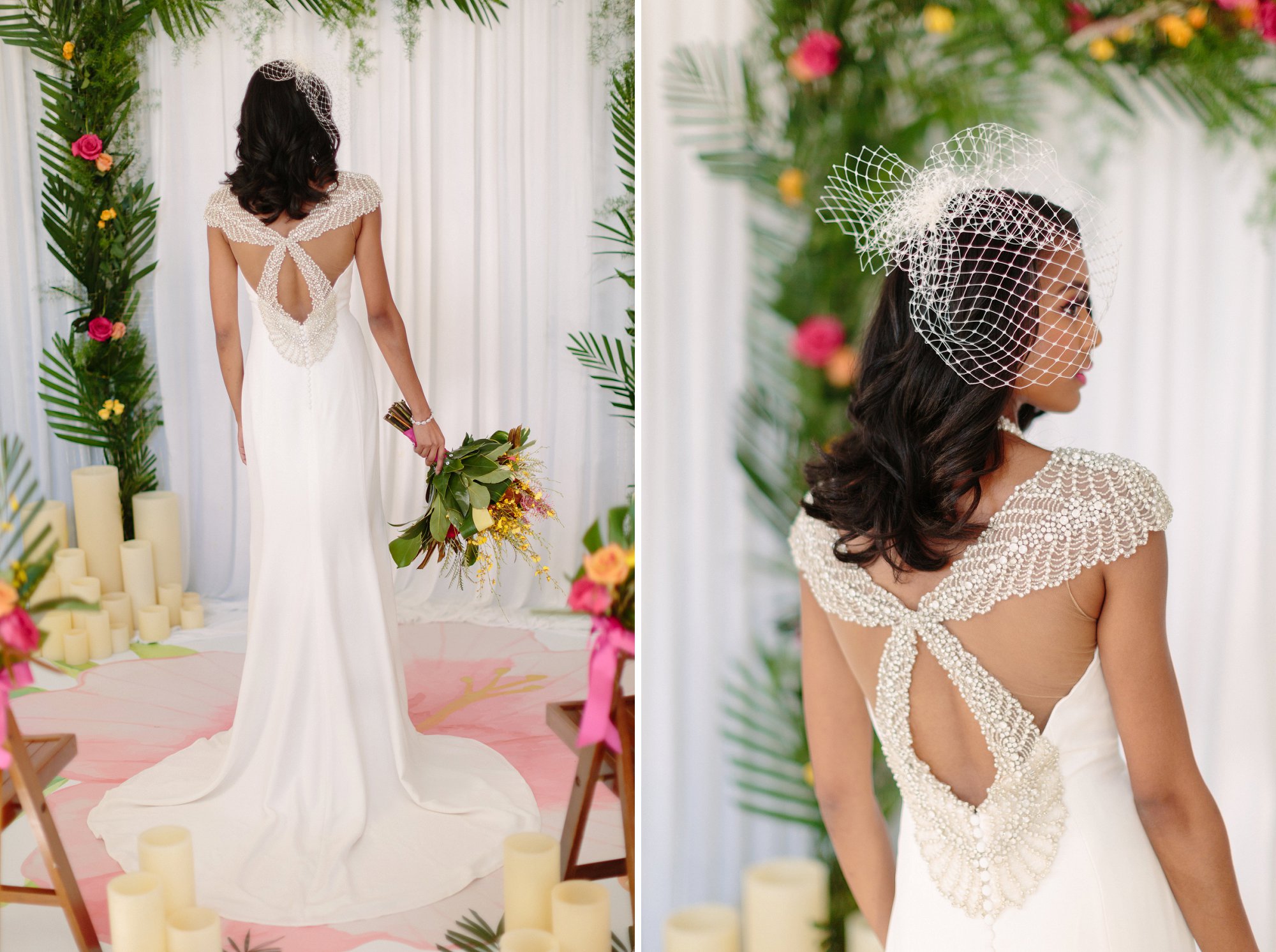 Backless wedding gown. black bride bird cage veil Photography by: Samantha Clarke