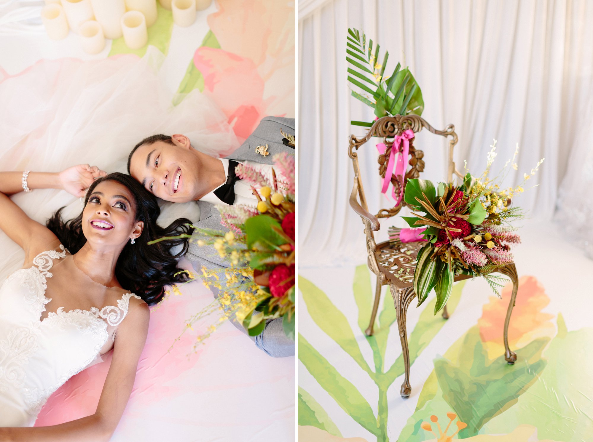 Tropical wedding table setting.