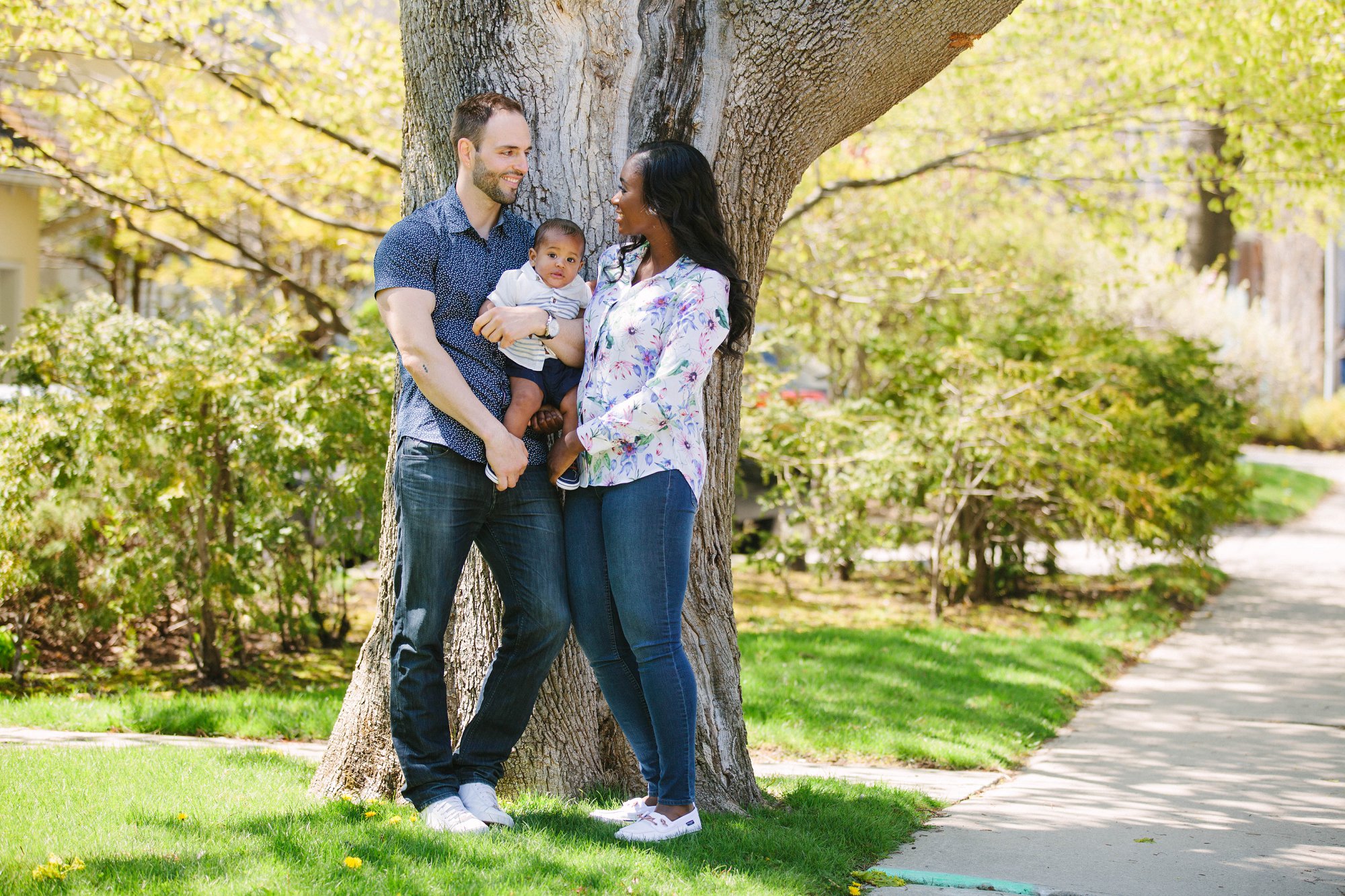 Interracial family Black Mom and White Dad Mixed baby