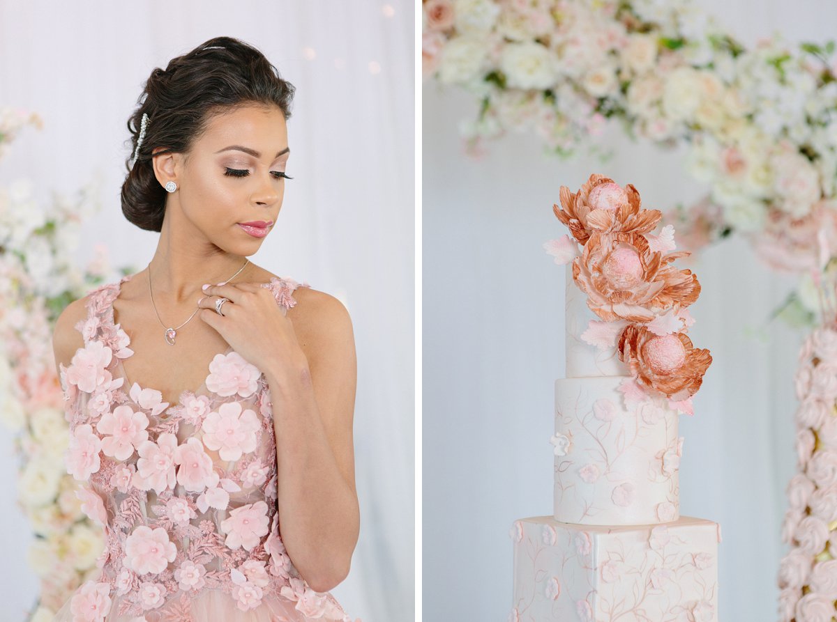 blush wedding dress | cake with flowers on it | photo by atlanta photographer samantha clarke