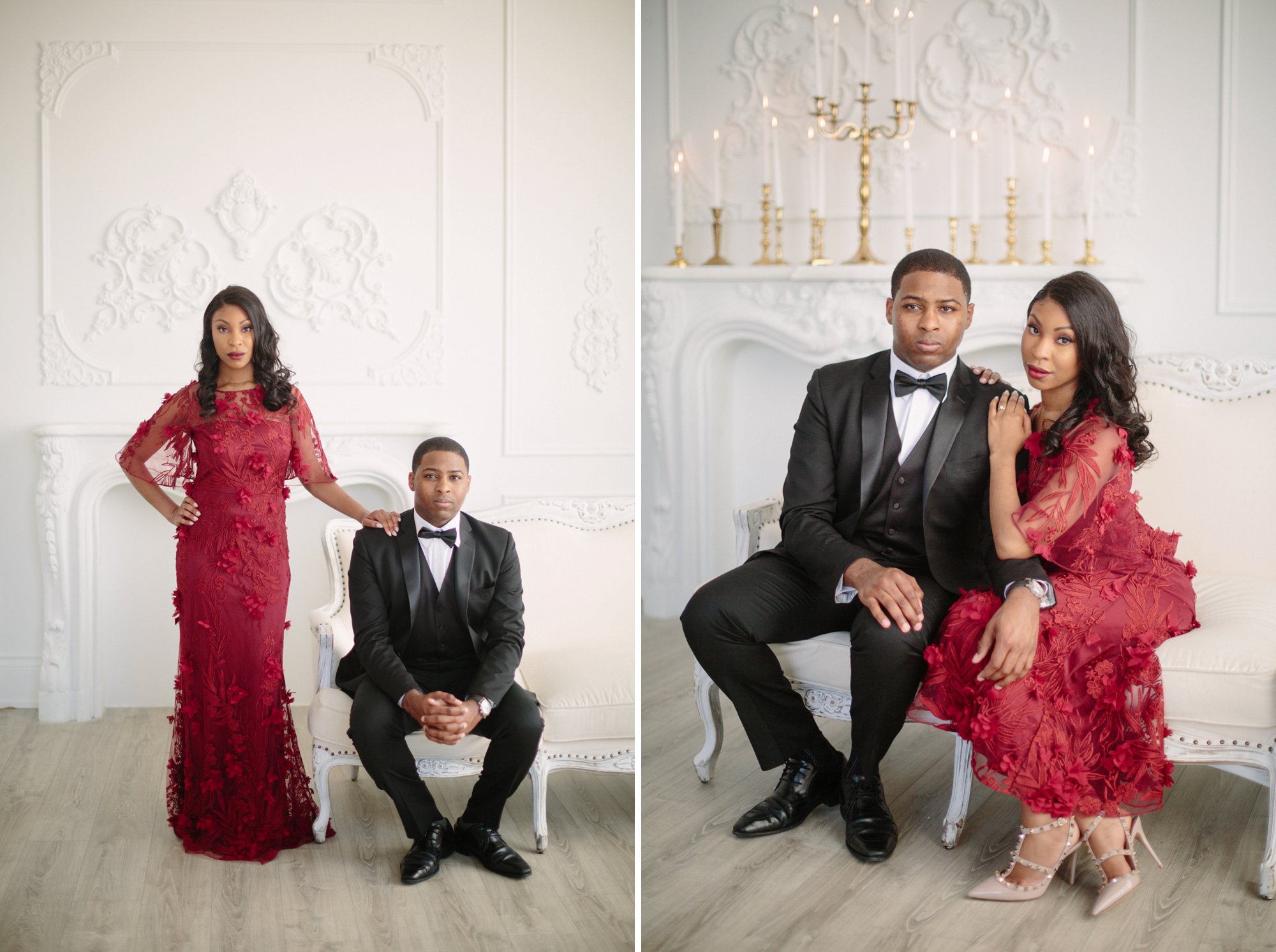 red dress and black suit for engagement photo shoot