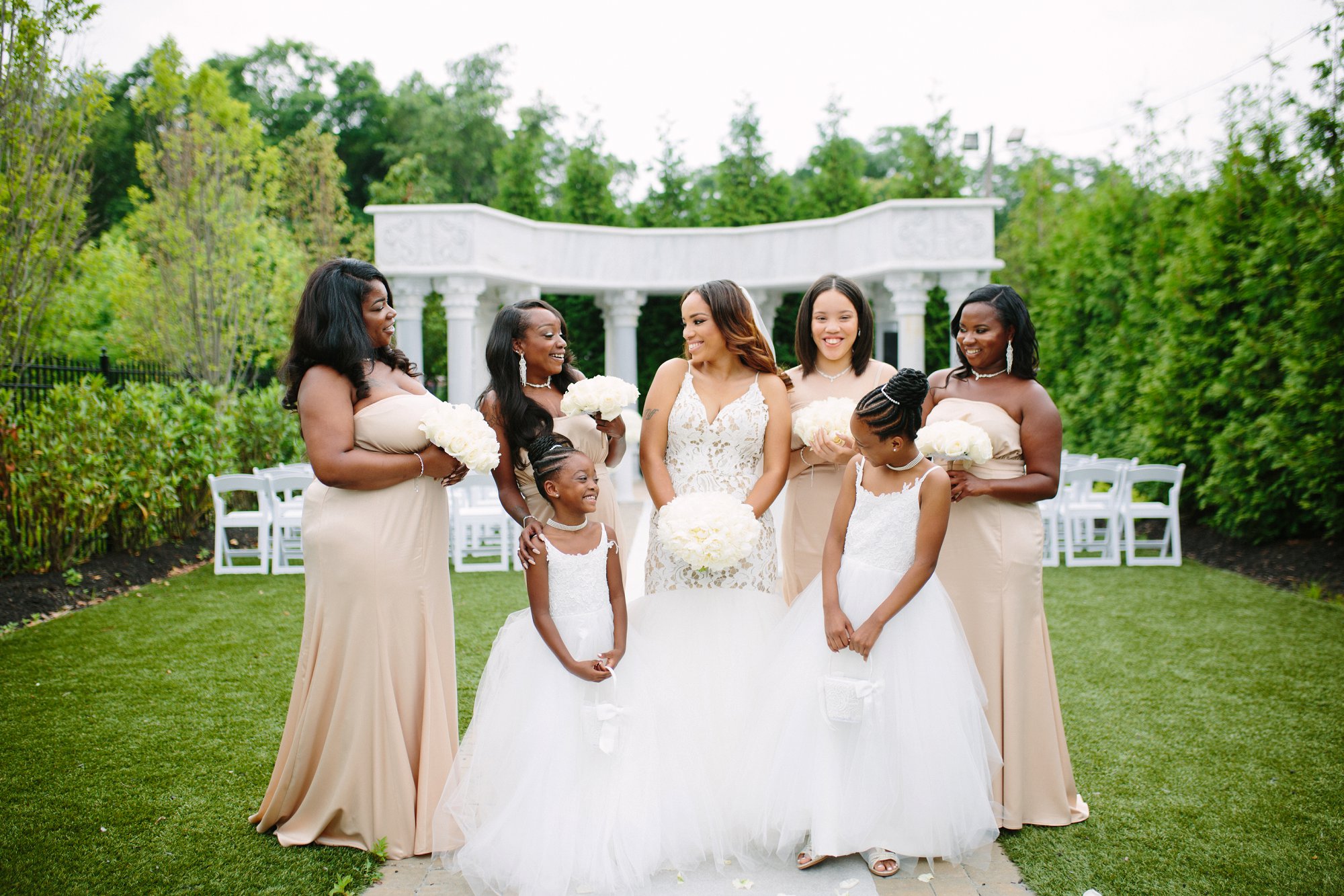 Bridesmaids in beige full length dresses at New Jersey Wedding
