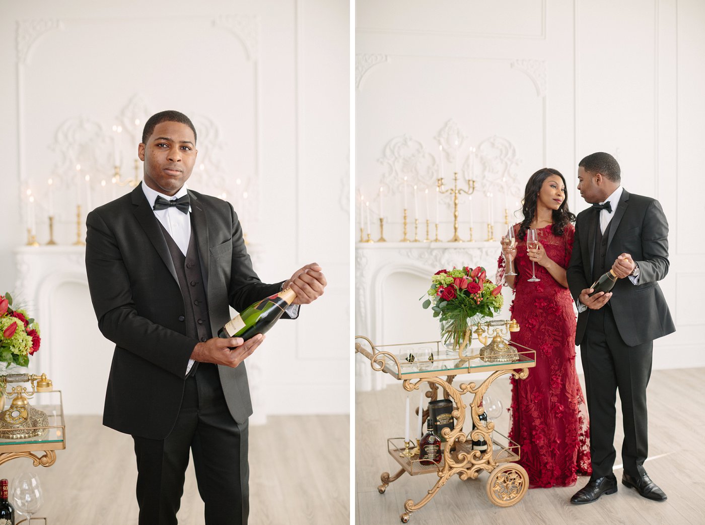 Black man wearing black tuxedo with bottle of Moet and bar cart