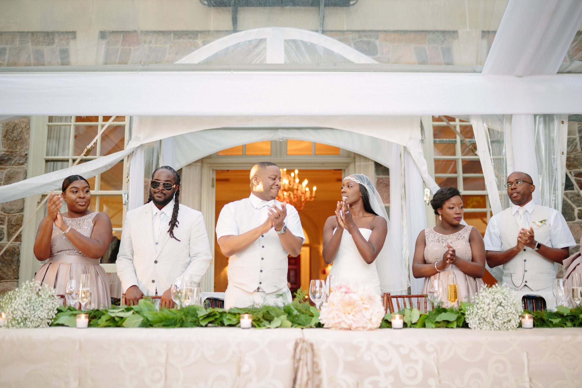 bridal party in outdoor wedding reception