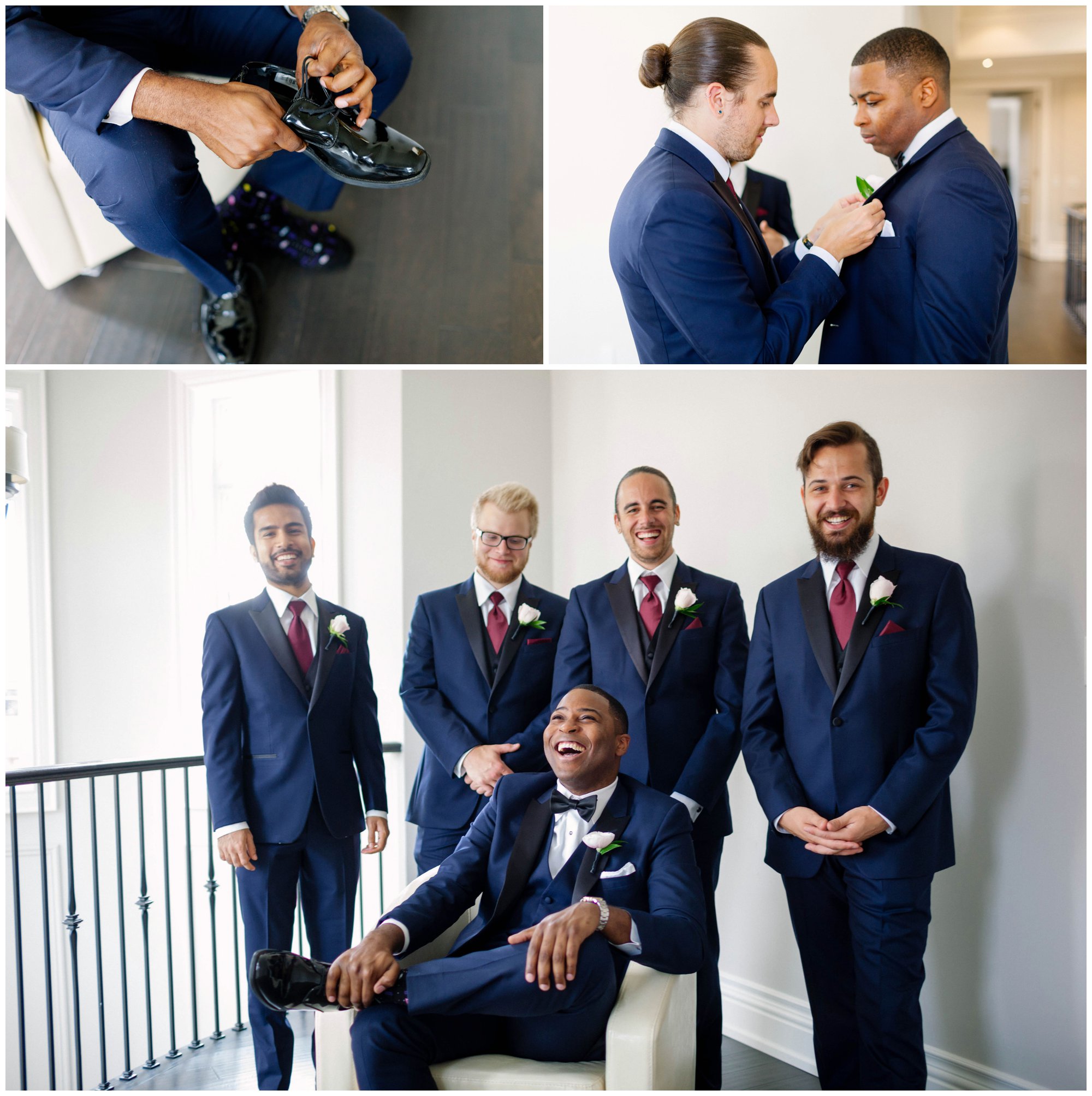 groom and groomsmen getting ready in navy blue tuxedos
