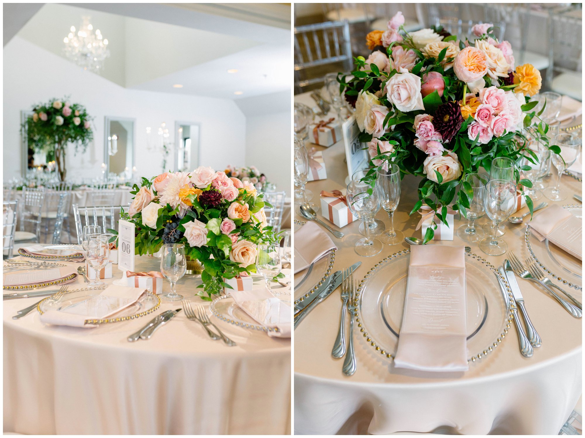 Wedding reception with pink floral centerpieces details at The Manor by Peter and Paul's