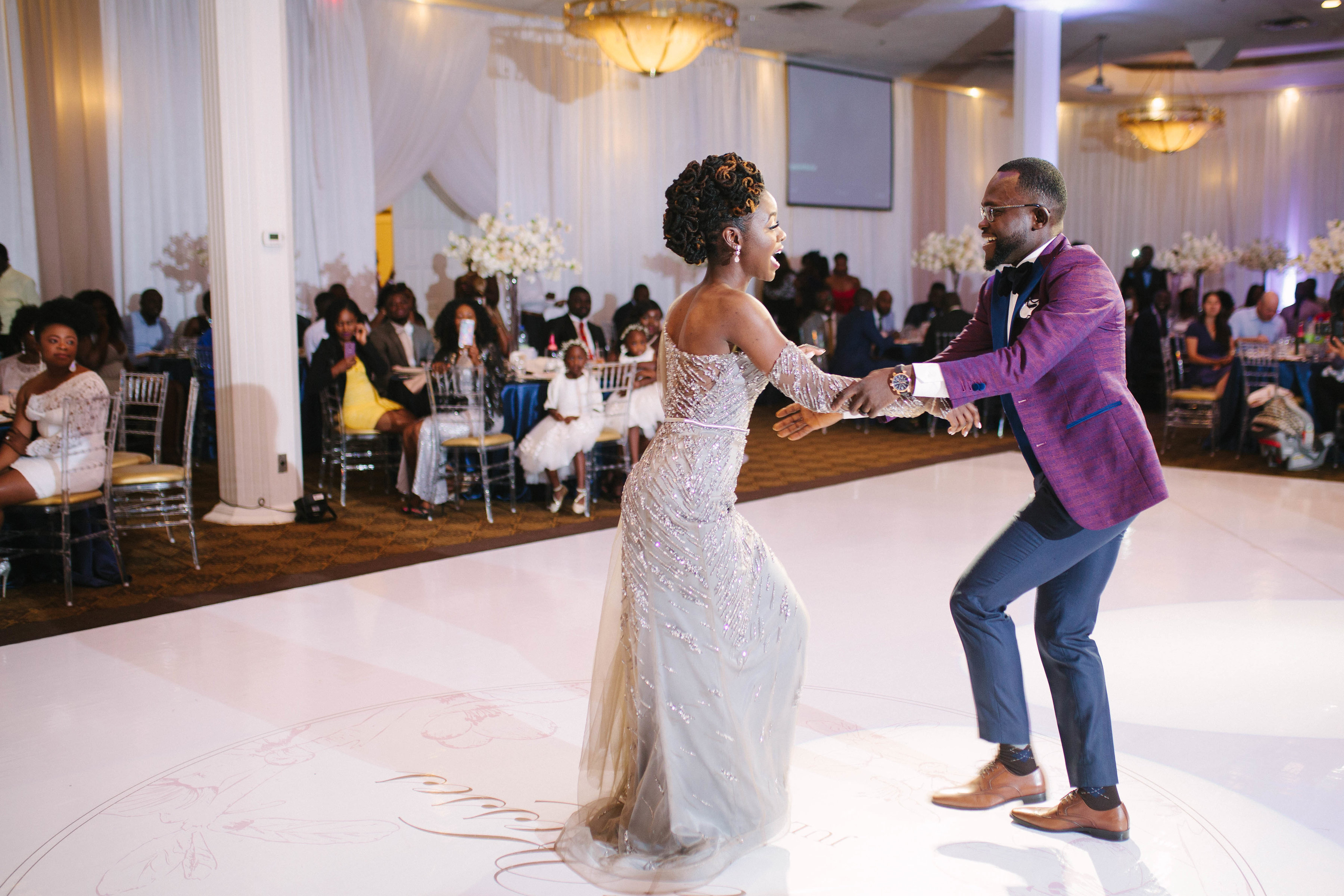 bride and groom in second outfit