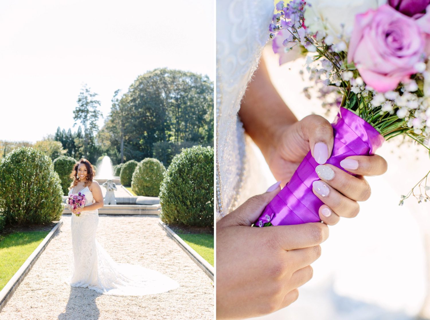 Bride outside Oheka Castle New York, detail of her nails and flowers.