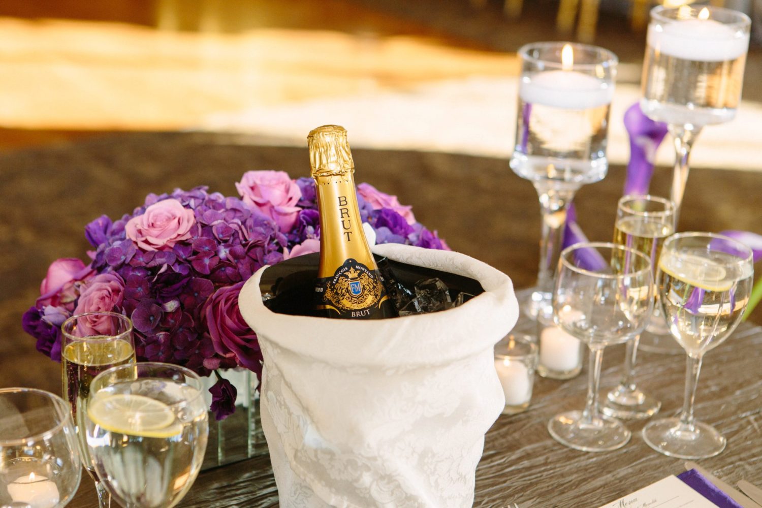 Champagne on table at reception, Oheka Castle New York.