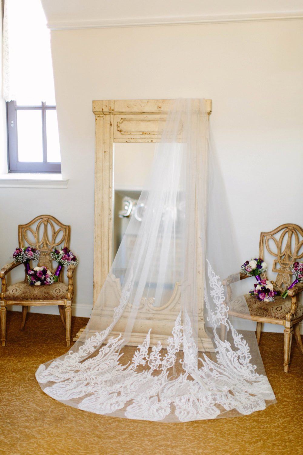Wedding vail in guest room of Oheka Castle.