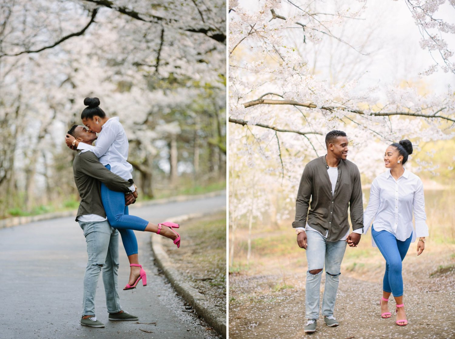 Two photos side by side of a couple in High Park in the spring. The left photo is a man picking up his fiancé while kissing her. The right photo is the same couple holding hands walking towards camera while looking at each other.