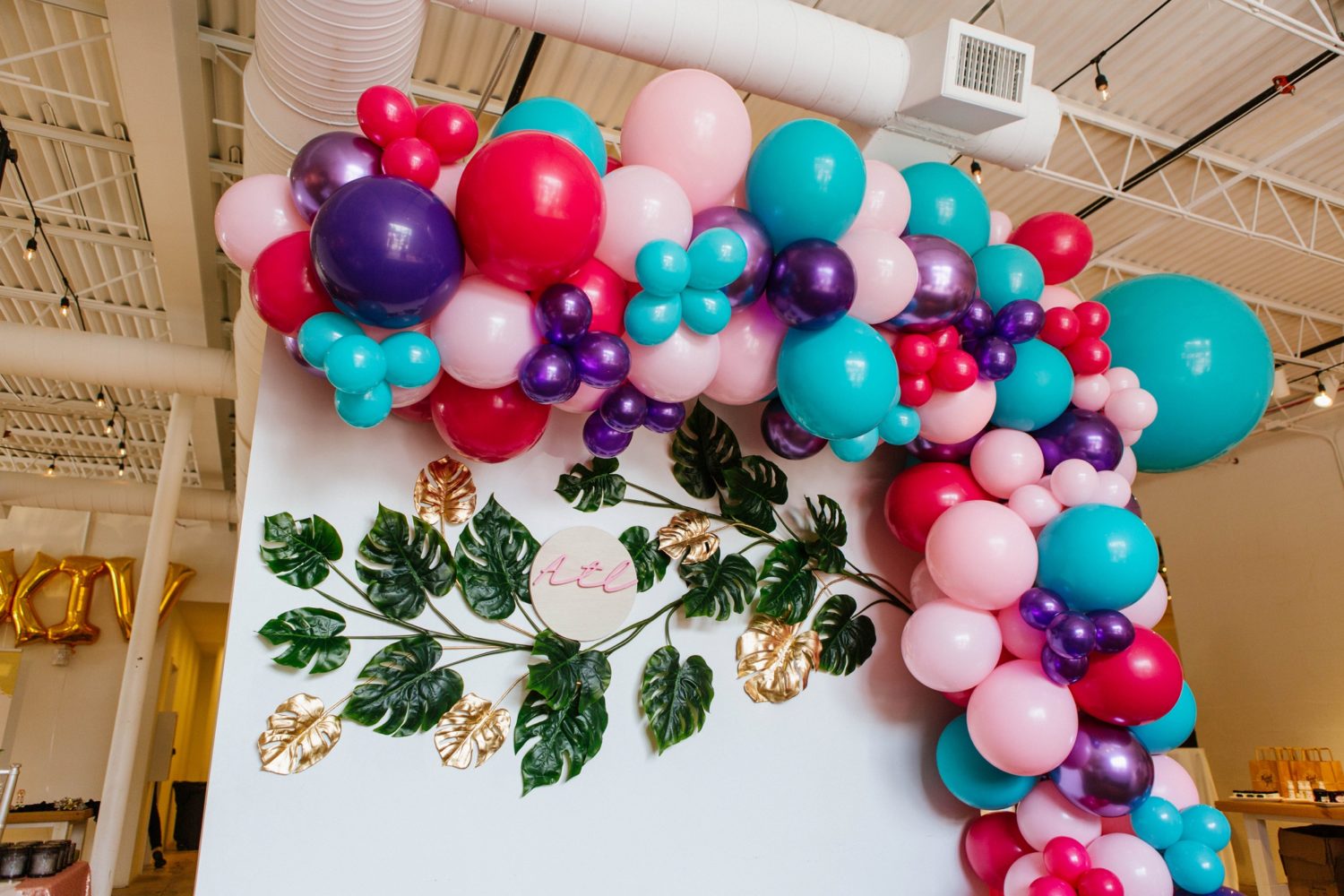 Balloon Garland design with pink purple and turquoise Factory Atlanta Event Venue