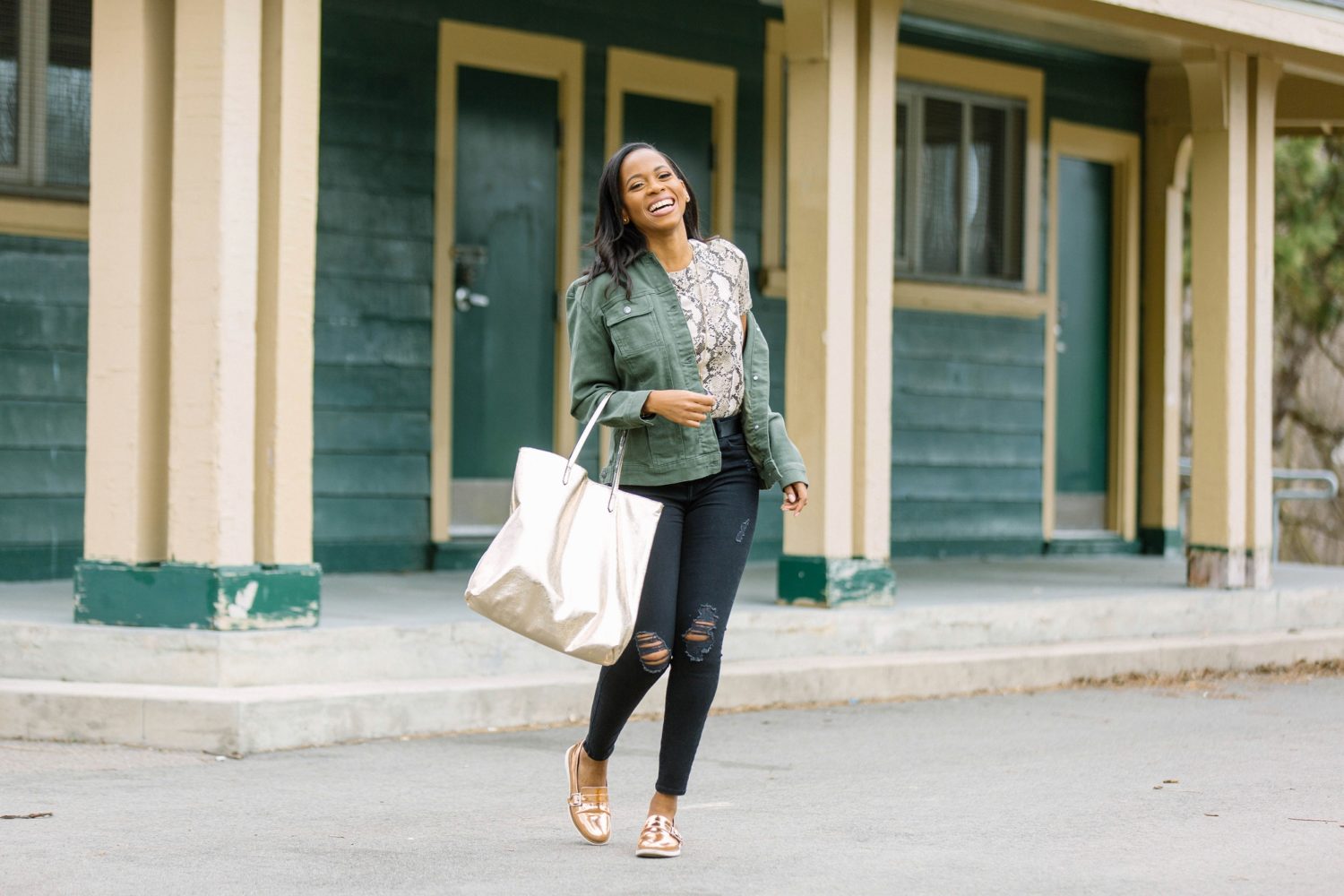 Toronto blogger Nneka Elliott wearing green cargo jacket